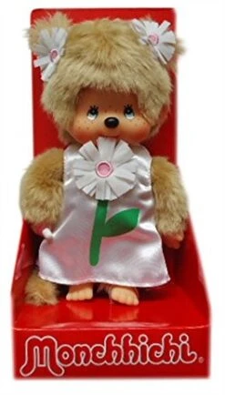 Sekiguchi 220458 - Original Monchhichi Mädchen Margarete, Aus Hellbraunem Plüsch, Mit Kleid Und Zöpfen Mit Blumen, Ca. 20 Cm
