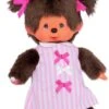 Sekiguchi 223589 Original Monchhichi Mädchen, Aus Braunem Plüsch, Mit Pink-weiß Gestreiftem Kleid Und Zöpfen Mit Schleifen, Ca. 20 Cm