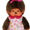 Sekiguchi 233861 - Original Monchhichi Mädchen, Aus Braunem Plüsch, Mit Pop & Candy Kleid Und Einem Zopf Mit Pinkfarbener Schleife, Ca. 20 Cm