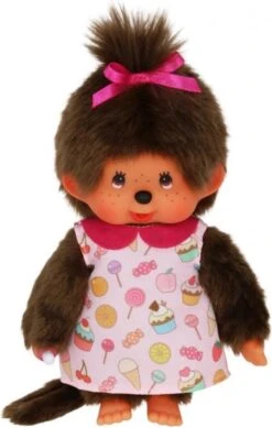 Sekiguchi 233861 - Original Monchhichi Mädchen, Aus Braunem Plüsch, Mit Pop & Candy Kleid Und Einem Zopf Mit Pinkfarbener Schleife, Ca. 20 Cm
