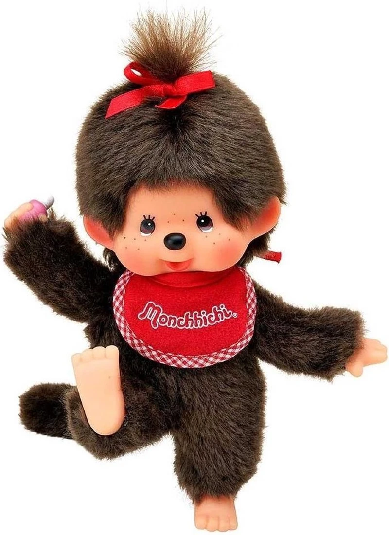 Sekiguchi 255184 - Original Monchhichi Mädchen, Aus Braunem Plüsch, Mit Weiß Rotem Lätzchen Und Roter Schleife Im Haar, Ca. 20 Cm 1 Sekiguchi 255184 - Original Monchhichi Mädchen, Aus Braunem Plüsch, Mit Weiß Rotem Lätzchen Und Roter Schleife Im Haar, Ca. 20 Cm